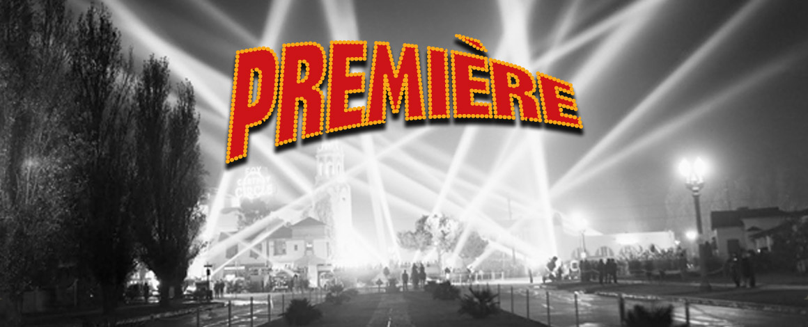 zwart-wit foto van schrijwerpers die een openingsevent uitlichten met daarbij het woord Premiere in sierlijke letters
