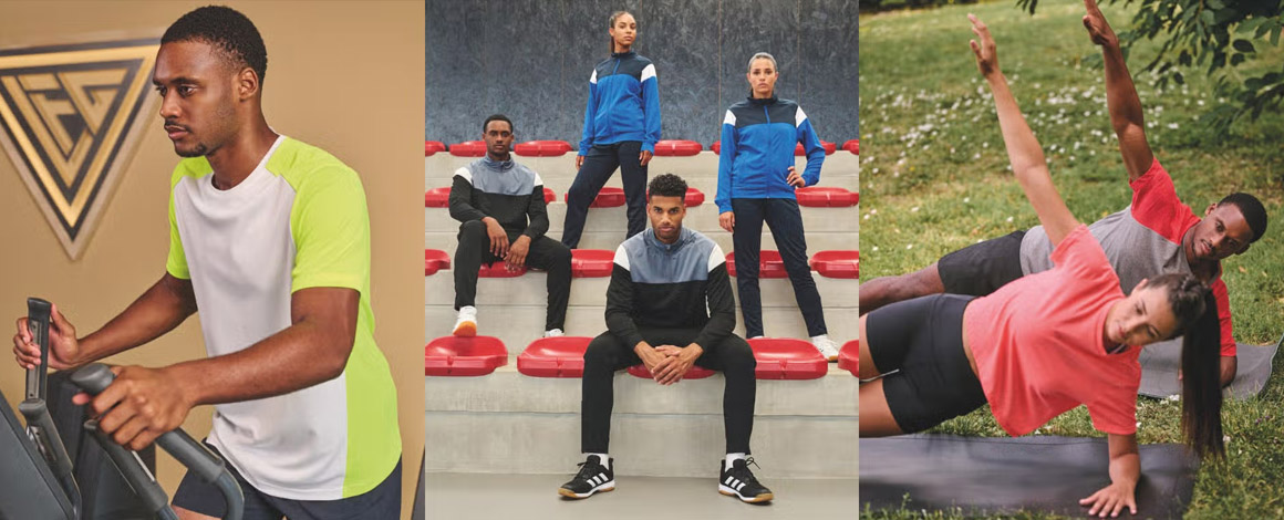een collage met verschillende sporten zoals fitness en een teamsport telkens met mooie bedrukte sportkleding